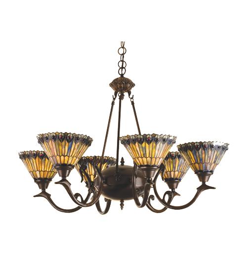 33"W Tiffany Jeweled Peacock 6 LT Chandelier