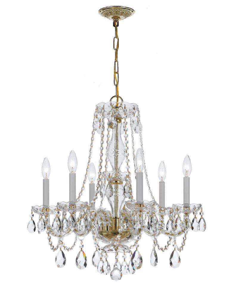 Traditional Crystal 6 Light Clear Italian Crystal Polished Brass Chandelier