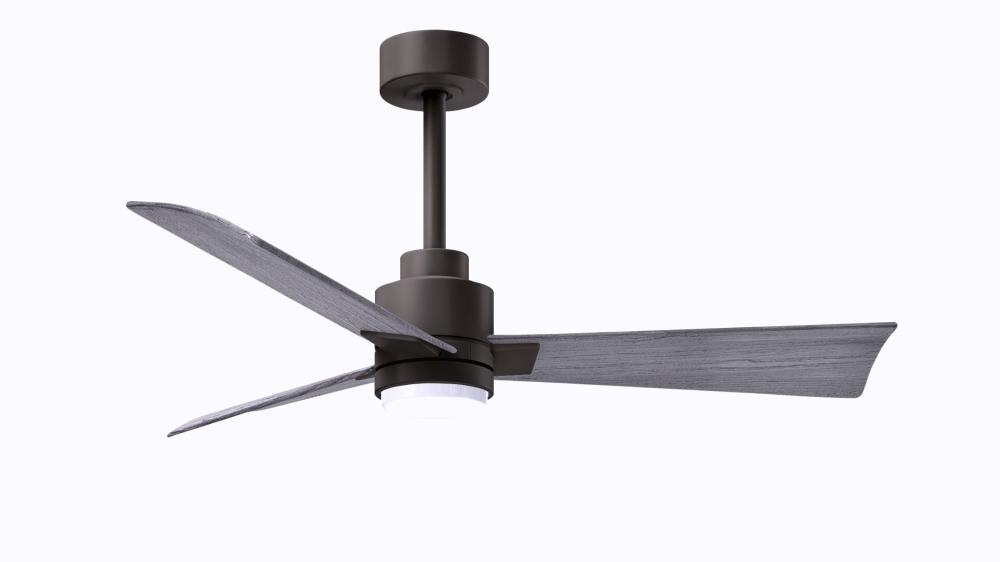 Alessandra 3-blade transitional ceiling fan in textured bronze finish with barnwood blades. Optimi