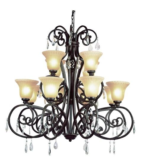 Twelve Light Dark Bronze Champagne Swirl, Scalloped Edge, Ribbed Glass Up Chandelier