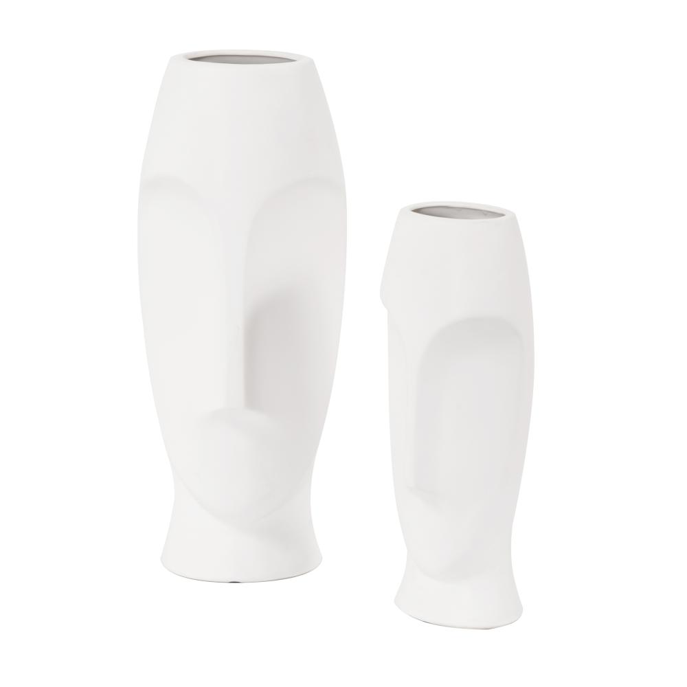 Abstract Faces Matte White Ceramic Vases (Set of 2)