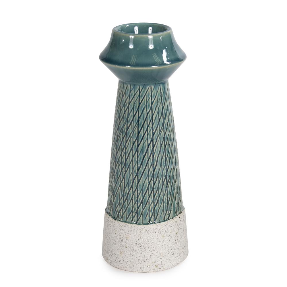 Cross Hatched Sea Blue Ceramic Candle Holder, Large