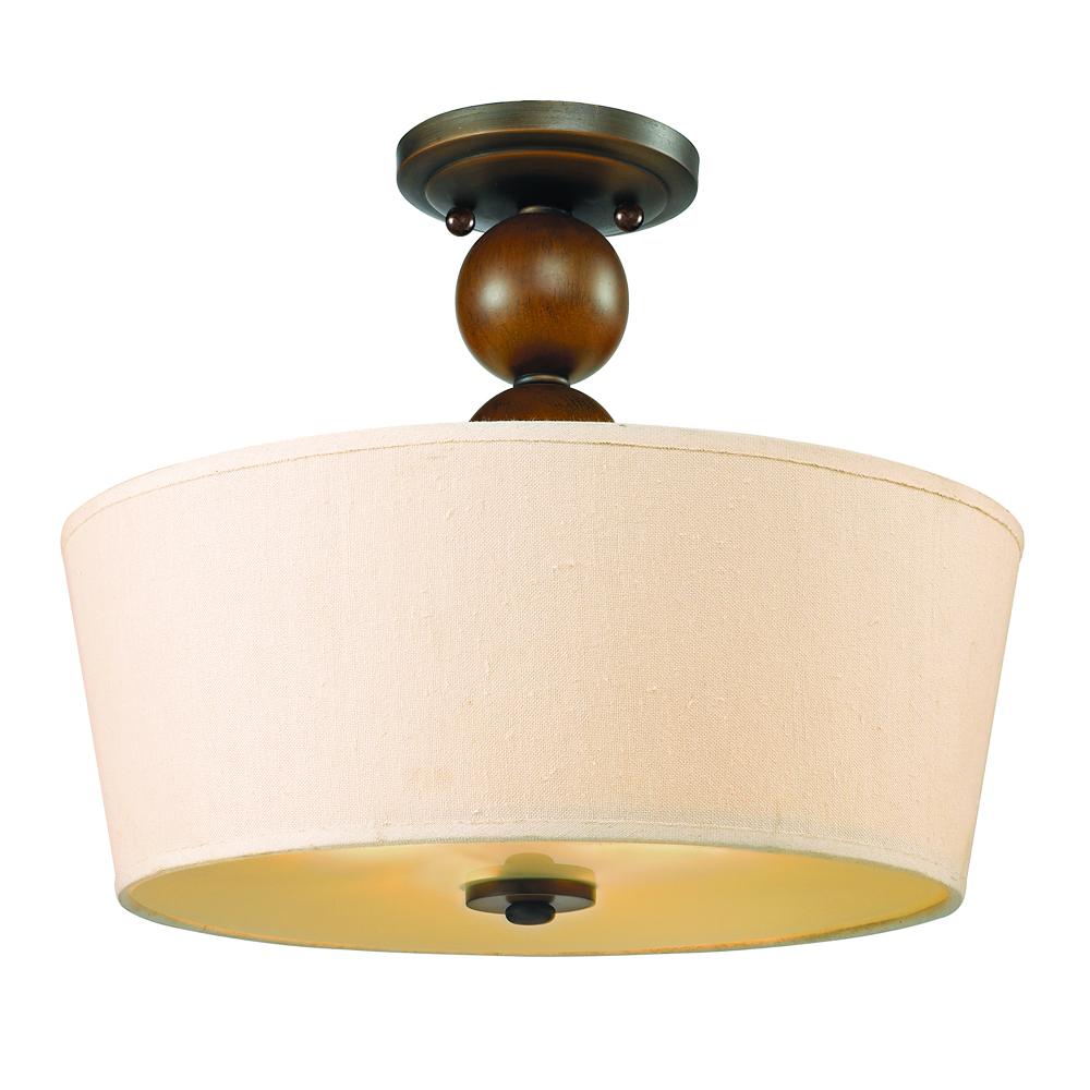 Two Light Sovereign Bronze Natural Linen Shade Drum Shade Semi-Flush Mount