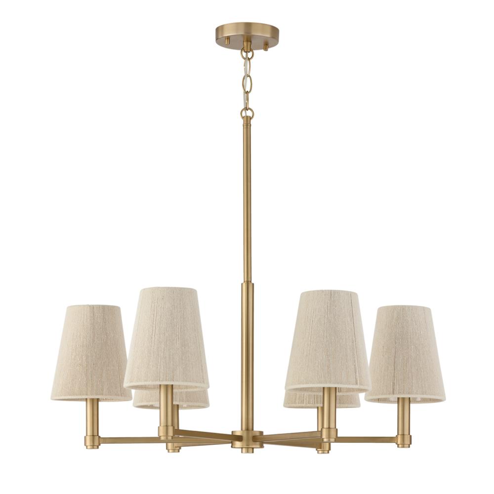 6-Light Chandelier in Matte Brass with Tapered Bleached Natural Rope Shades