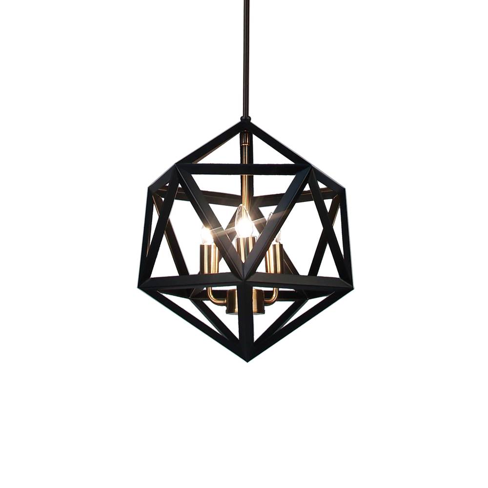 3 Light Chandelier, Matte Black with Antique Brass Accents